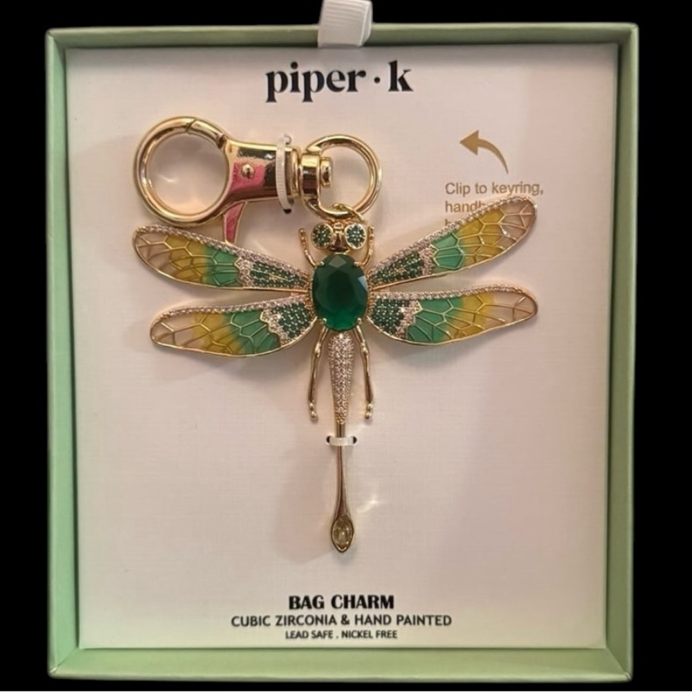 PIPER K Dragonfly Gold Hand-Painted with CZ Articulated Wings Bag Charm NEW NWT - Picture 6 of 15